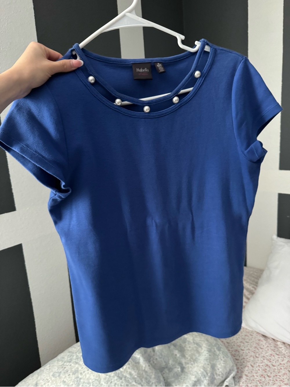 Rafaella Royal Blue Short Sleeve Top with Pearl Trim